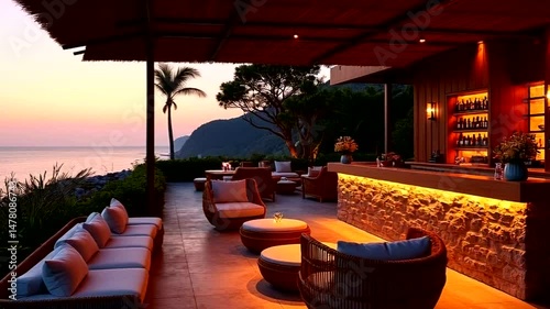 Sunset beachfront bar with outdoor seating