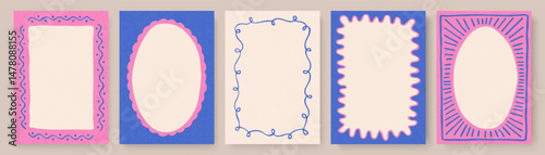 Set of hand-drawn blank frames with abstract doodle borders in pink and blue. Decorative design elements for cards,covers, notes, invitations, or scrapbooking. Vector illustration