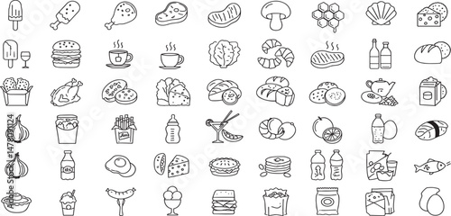 Food and Drink Line Editable Icons set. Vector illustration in thin line style of nutrition related icons: vegetables, fruits, desserts, meat, baked goods, drinks, and more.