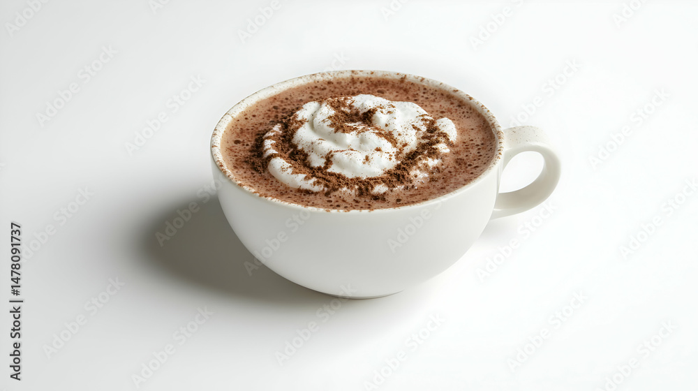 Obraz premium Whipped cream topped hot chocolate in white mug. A generous dollop of whipped cream sits atop a rich, dark chocolate drink, finished with a sprinkle of cocoa powder