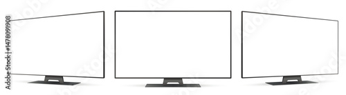 Realistic tv screen mockup. Television display on three sides with blank white screen.