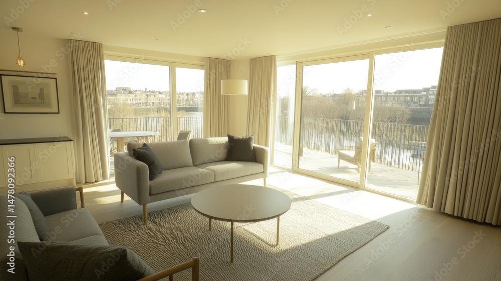 Fototapeta premium Modern living room with expansive river views.