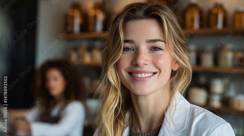 Close-up of smiling blonde woman wearing white coat, blurred background shows shelves with jars, showcasing a friendly and professional image, ideal for healthcare or business