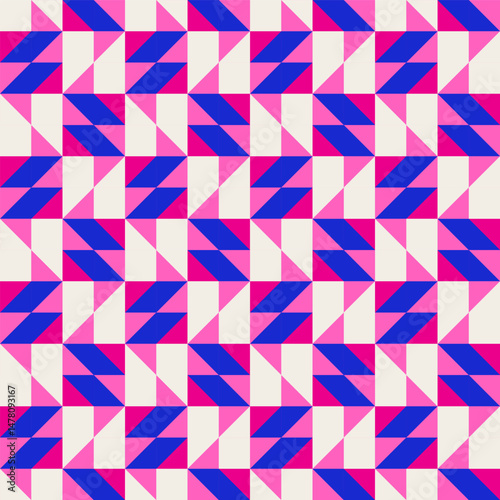 Bright bold vibrant abstract geometric quilt seamless vector pattern, color block. High contrast geometric colorful patchwork background. Pink fuchsia magenta and indigo cobalt blue color combination