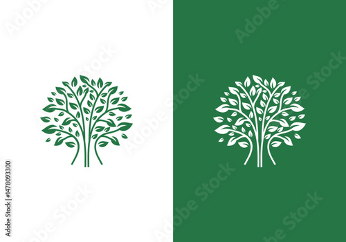 line art nature logo vector design oak tree inside circle, abstract tree logo symbol inside circle