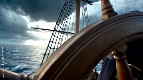 Captain steering a wooden ship wheel on the open sea