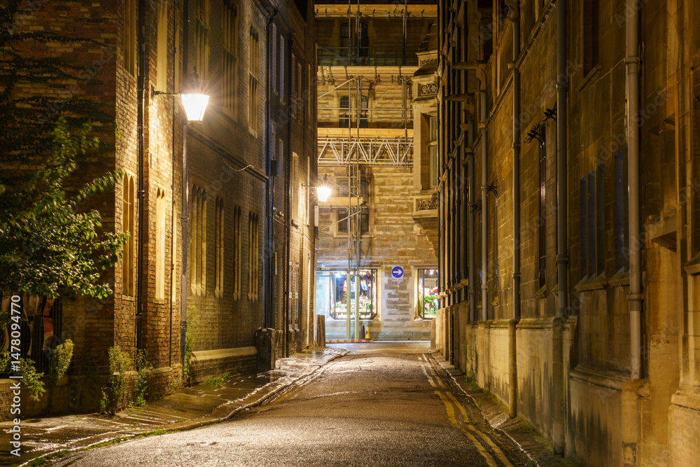 Trinity lane at night in Cambridge city. England