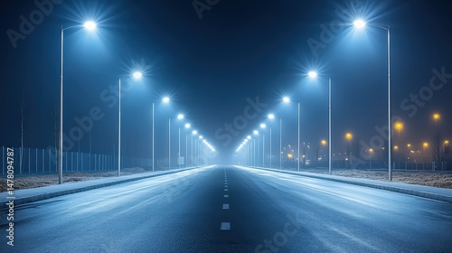 Illuminated roadway at night with street lights and misty atmosphere