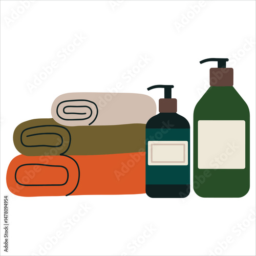 Stack of towels with shampoo, conditioner, and gel.Hygiene products for bathroom or hotel use. Includes terry towels, symbolizing purity. Vector illustration.