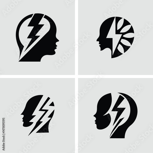 Conceptual logo designs showcasing brainstorming creativity and innovation ideas for branding icons