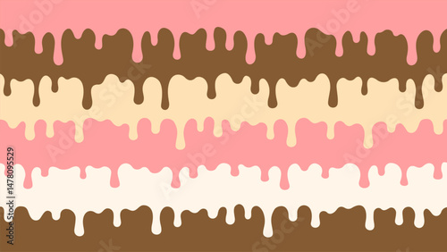 Horizontal background with hand drawn drops of ice cream, chocolate, glaze, topping, vanilla, strawberry, creme brulee, caramel. Long drop, dripping drip from cake, dessert, gelato. Vector EPS10