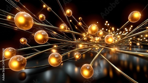Abstract futuristic golden nanotechnology structure with glowing spheres and metallic lines in a dark background