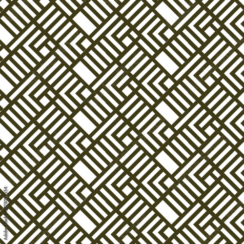 abstract geometric background, seamless geometric pattern, interconnected lines forming a labyrinthine or woven effect, grid-like structure with various angular turns and enclosed spaces, dark olive