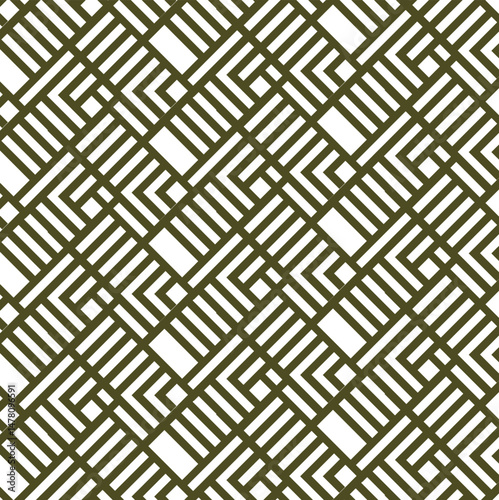 abstract geometric background, seamless geometric pattern, interconnected lines forming a labyrinthine or woven effect, grid-like structure with various angular turns and enclosed spaces, dark olive