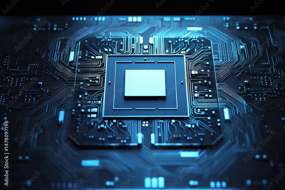 Fototapeta premium Isolated in white background, center aligned, laptop Futuristic core element with electronic circuit motion