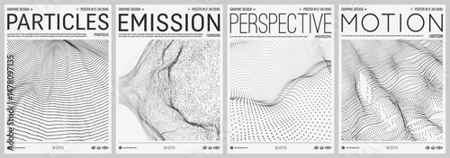 Cover design template. An array with dynamic particles. Texture. Black and white. 3D vector illustration for brochure, poster, flyer, banner.