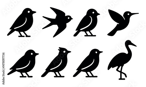 Bird icons set, silhouette style, featuring elegant, minimalist bird designs for app and web