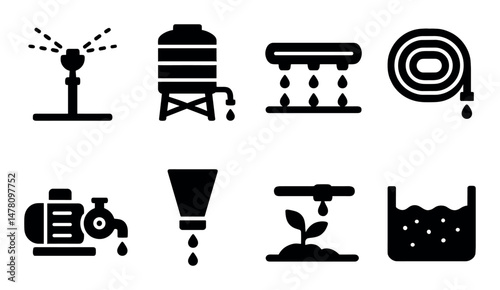 Irrigation systems icons set, solid style, modern and professional, perfect for web ui