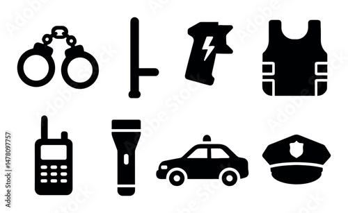 Police equipment symbols: tools, vehicles, and gear in black icons