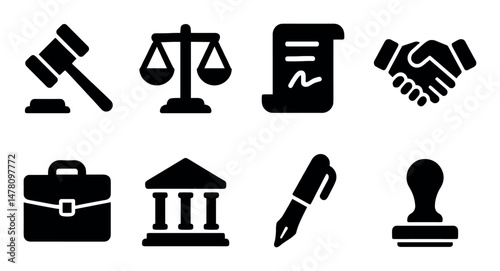 Legal icons set, solid style with justice, law, professional for web and app use