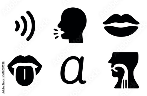 Icons representing vocalization and speech articulation concepts