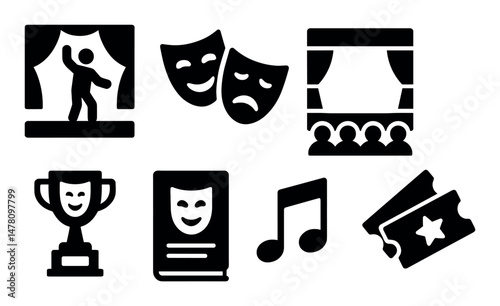 Theater icons set, solid style with drama masks, stage, tickets, professional for app ui