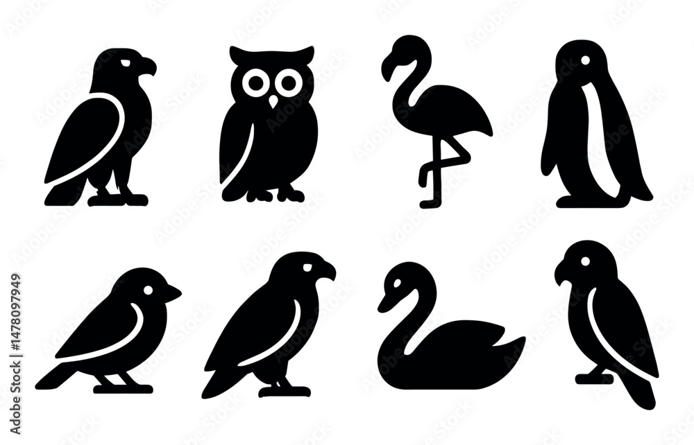 Fototapeta premium Bird icons set, silhouette style, featuring owl, penguin, flamingo, professional for web and app
