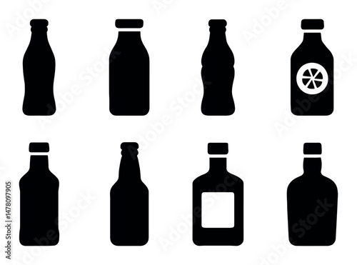 Beverage bottle icons set – silhouette, solid, isolated drink containers