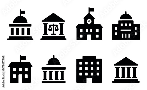 Government and institutional building icons set in black and white
