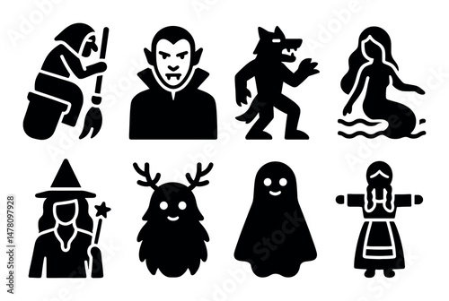 Icon set: witch, vampire, werewolf, mermaid, wizard, monster, ghost, doll