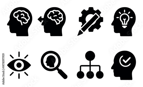 Silhouette icons: brain, innovation, ideas, vision, analysis, organization, approval