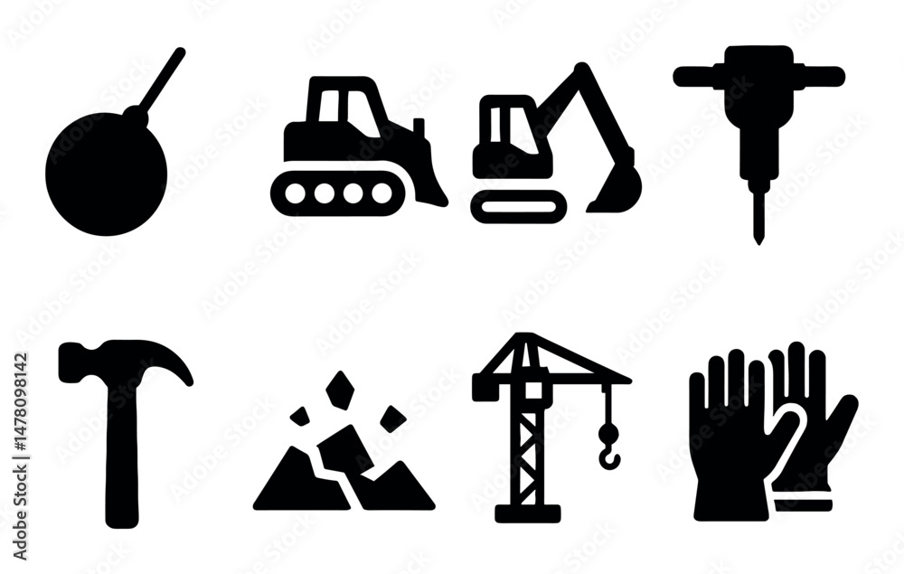 Fototapeta premium Construction equipment icons set, filled style, tools, machinery, professional ui, app