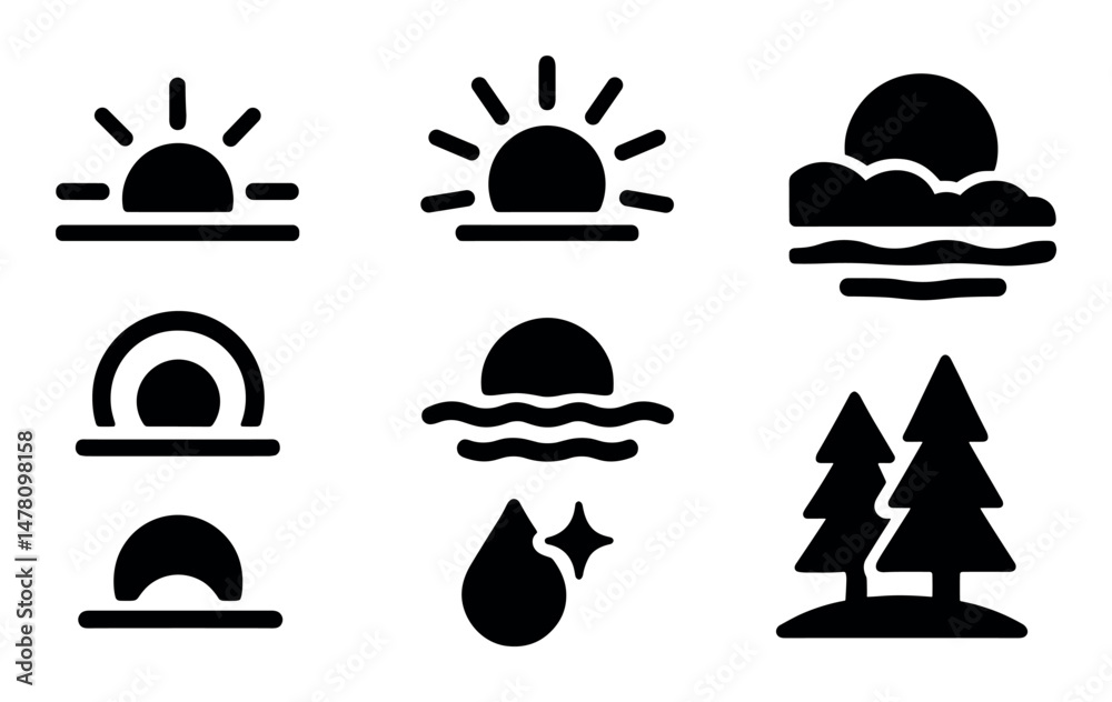 Sunrise and sunset icons set, solid, elegant, minimalist design for web and mobile apps Sunrise and sunset icons set, solid, elegant, minimalist design for web and mobile apps