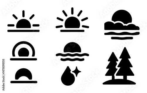 Sunrise and sunset icons set, solid, elegant, minimalist design for web and mobile apps