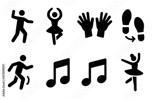 Dance and music icons set – silhouette, solid, isolated rhythmic symbols