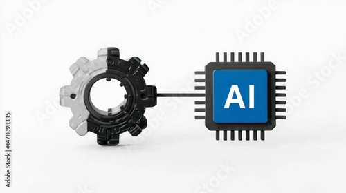 AI Chip Connected to Gear Mechanism Symbolizing Integration of Artificial Intelligence and Mec