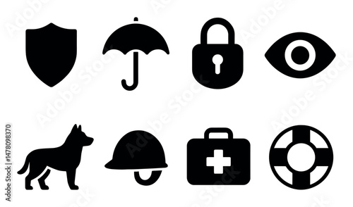 Security icons set, silhouette style, protection, safety, elegant, for web and app