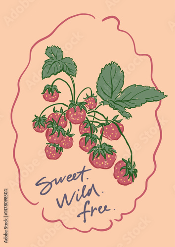 Vector berry poster of wild strawberry and leaves. Hand-drawn garden harvest sketch. Tasty food illustration for restaurant and cafe interior, fruit market drawing print, fabric or background.