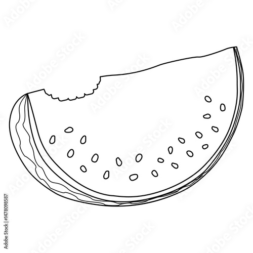 Coloring with outline drawing cut off watermelon slice with bitten off piece. Summer juicy berry with seeds and teeth trace from a bite. For entertaining, summertime, dessert black and white design.