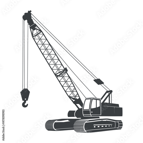 Heavy Duty Crawler Crane Illustration Black and White Silhouette Design