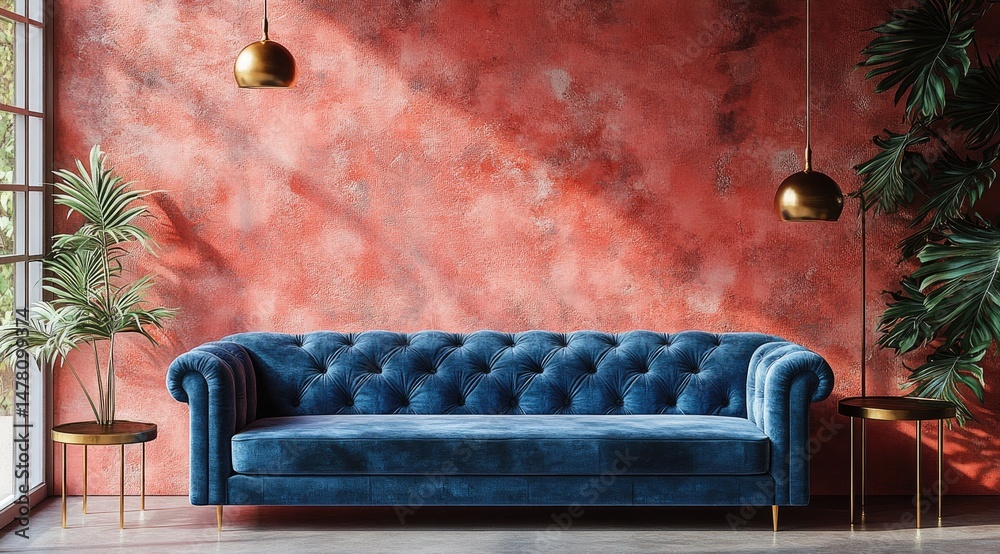 Obraz premium Stylish blue velvet couch in a modern room.