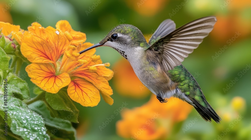 Fototapeta premium Vibrant hummingbird hovering near orange blossoms.