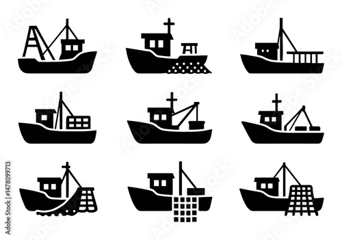 Fishing boats icons set, silhouette style, marine, nautical, elegant, web and app