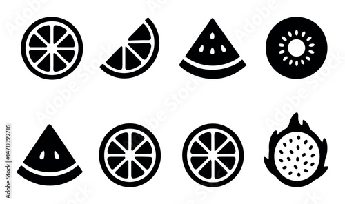 Fruit icons set – silhouette, solid, filled, isolated fresh food symbols