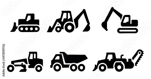 Construction machinery icons set, silhouette style for modern web and app ui design