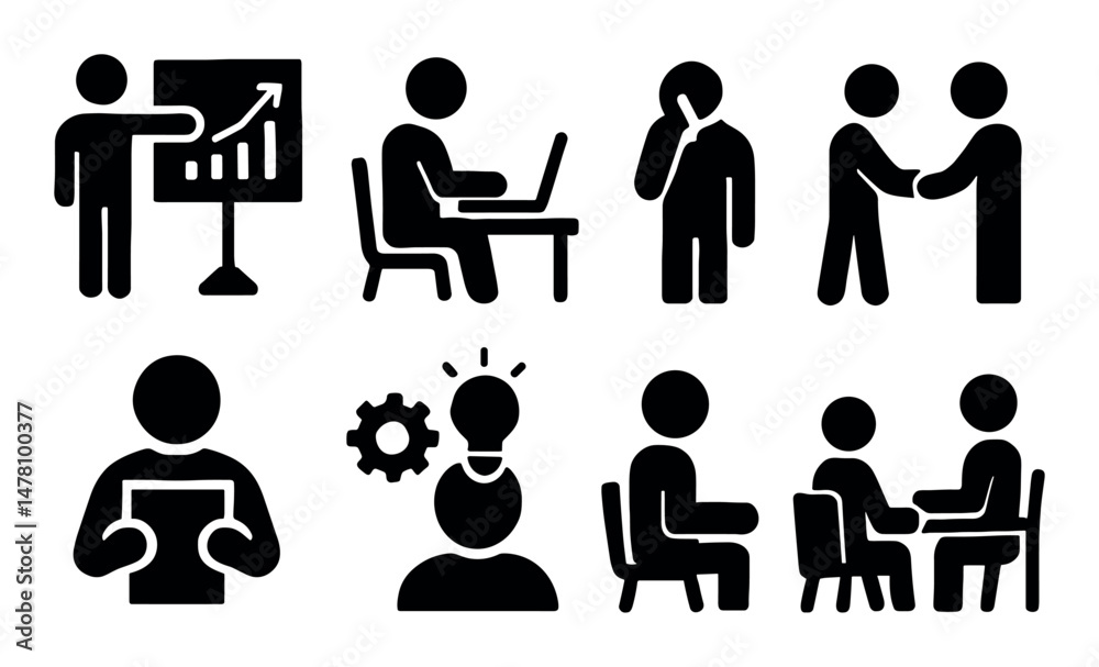 Business icons: presentation, computer work, communication, collaboration Business icons: presentation, computer work, communication, collaboration