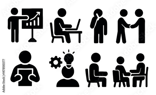 Business icons: presentation, computer work, communication, collaboration