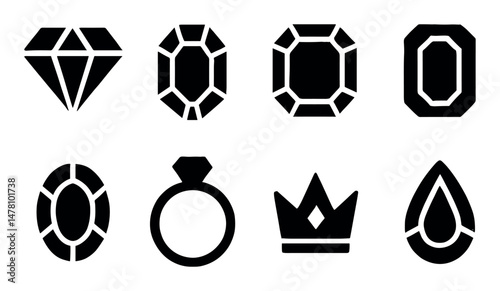 Jewelry icons set – silhouette, filled, solid, isolated gems and accessory symbols