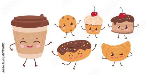 Vector illustration of kawaii coffee cup, donut, croissant, cookie, and cake with happy faces