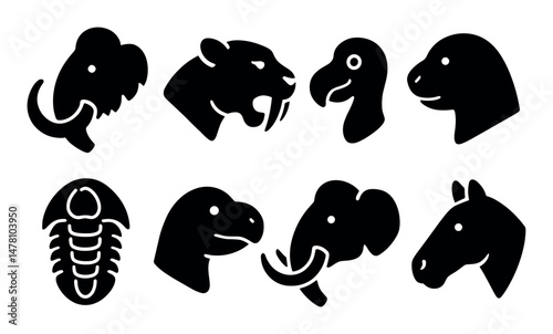 Black silhouettes of various animal heads on white background